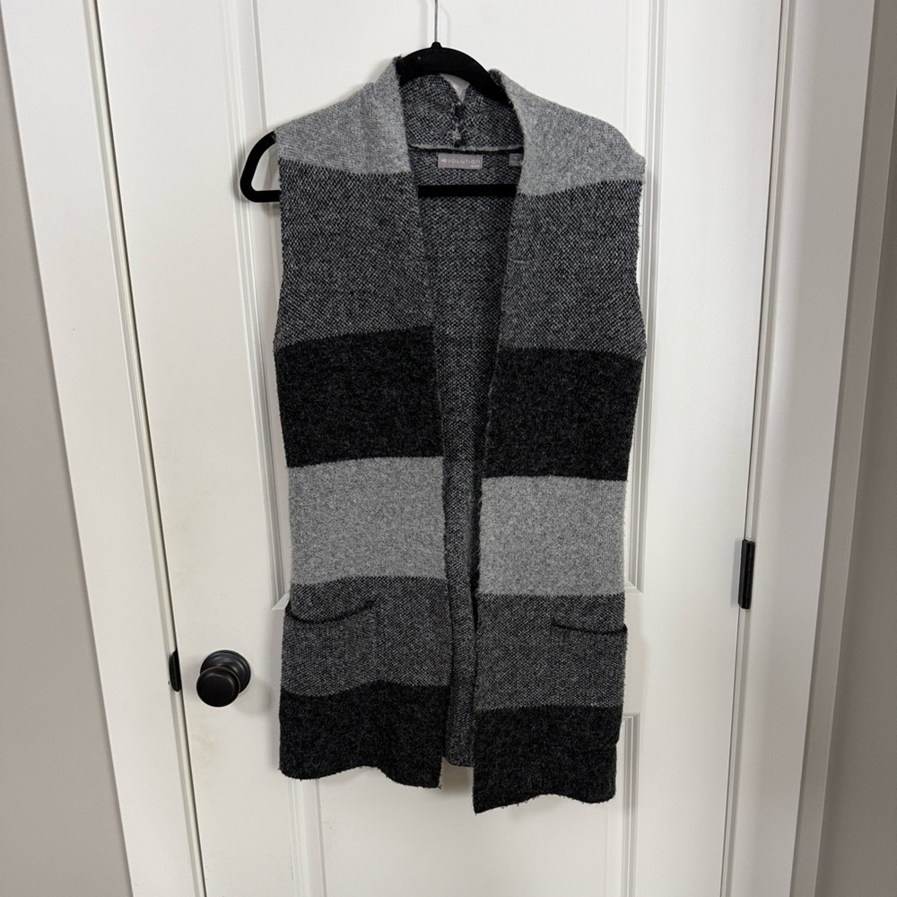 Gray and Black Striped Sleeveless Cardigan